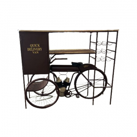 Mobilier bar - Consolă bar Tricycle metal visiniu și lemn natur design vintage - imagine frontală în ambient urban
