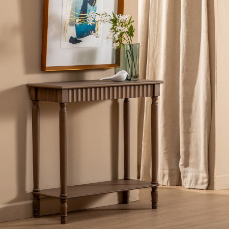 Consolă dreptunghiulară Ixia – lemn maro mat cu raft decorativ – vedere frontală [1]