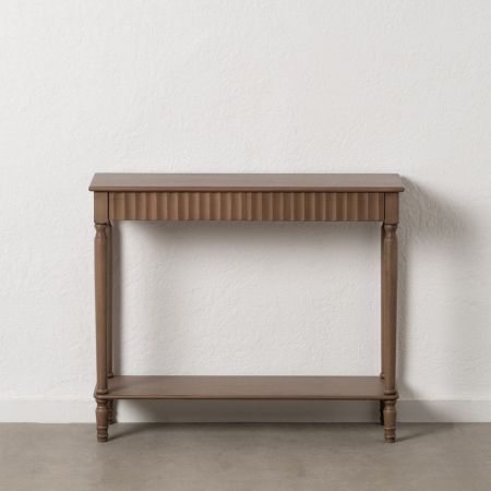 Console in Stil Rustic - Consolă clasică Ixia – lemn maro cu sertar canelat și raft – vedere frontală