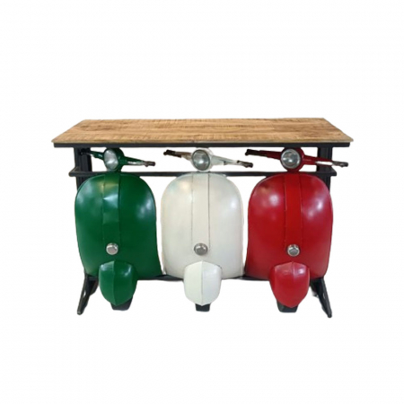 Mobilier bar - Consolă decorativă design scooter Vespa – cu carene colorate verde, alb și roșu și blat mango
