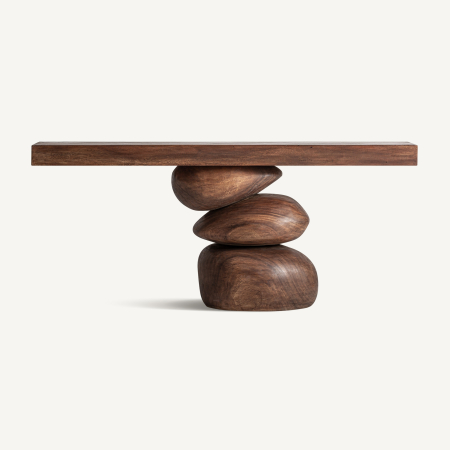 Mobilier - Consolă maro cu blat gros pe trei pietre de lemn sculptate, așezate una peste alta
