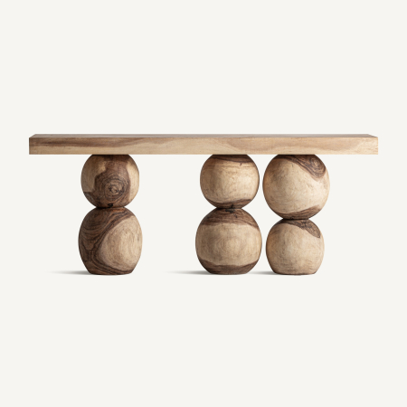 Mobilier - Consolă cu blat gros de lemn deschis pe trei coloane, fiecare din două sfere sculptate