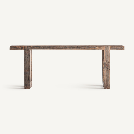 Console in Stil Rustic - Consolă lungă cu blat gros din lemn recuperat maro și două picioare late din grinzi