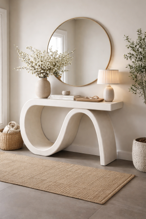 Console in Stil Minimalist - Consolă din MDF alb cu formă sculpturală curbată