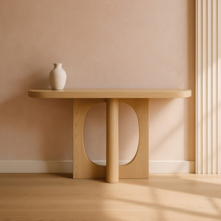 Console - Consolă MDF natur cu picior cilindric și blat lat