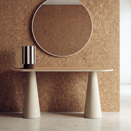 Mobilier - Consolă din MDF și metal crem cu blat oval alungit cu aspect de lemn deschis și picioare conice