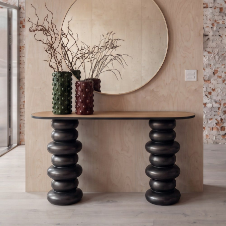 Mobilier - Consolă din MDF și metal negru cu blat oval cu aspect de lemn și picioare din discuri rotunjite