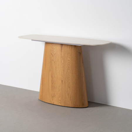 Console in Stil Contemporan - Consolă din piatră sinterizată bej cu bază aspect lemn