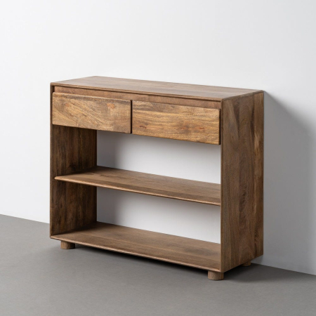 Console in Stil Contemporan - Consolă maro din lemn de mango cu 2 sertare și rafturi deschise