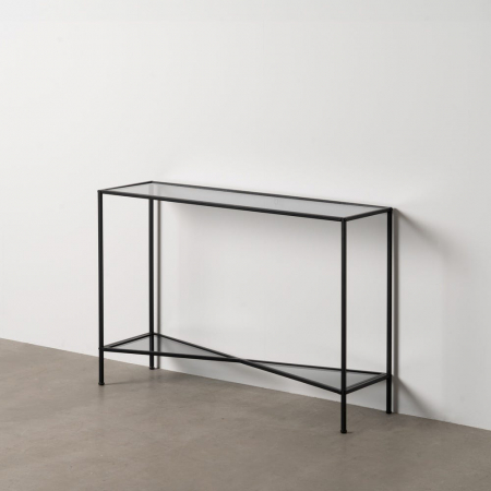 Console - Consolă modernă Ixia – fier vopsit negru și blat sticlă transparentă – vedere laterală
