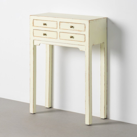 Colectia noua - Consolă subțire cu patru sertare mici din MDF galben pastel cu aspect patinat