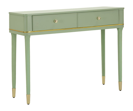Console - Consolă verde salvie din lemn de pin și MDF cu două sertare și accente aurii design elegant
