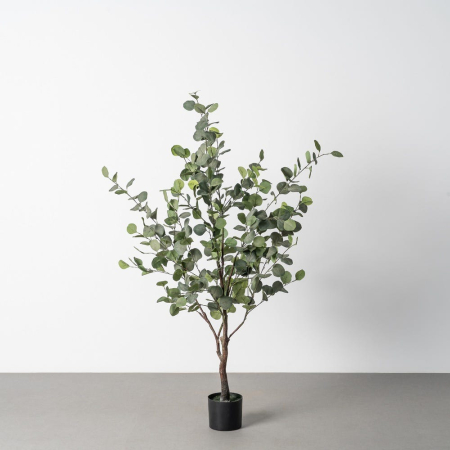 Obiecte decorative in Stil Minimalist - Copac artificial de eucalipt verde cu trunchi texturat si ghiveci negru simplu de 150 cm