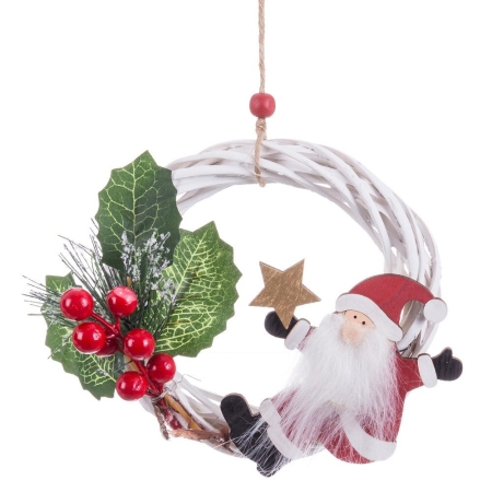 Craciun - Coroniță albă din răchită cu Moș Crăciun stea aurie frunze de ilex și fructe roșii pentru ușă