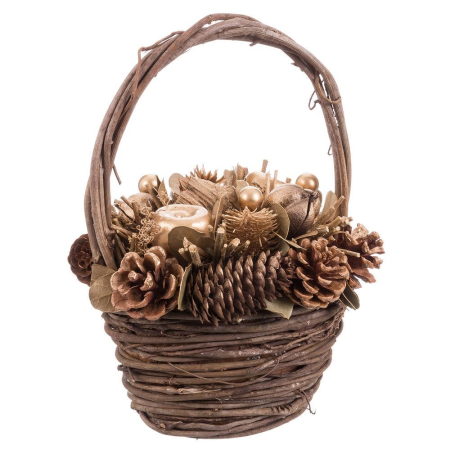 Craciun - Coș decorativ de Crăciun din crengi împletite cu conuri de pin globuri aurii și frunze aurii strălucitoare