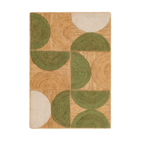 Textile - Covor din iută natural-verde cu model geometric din semicercuri – imagine principală în living