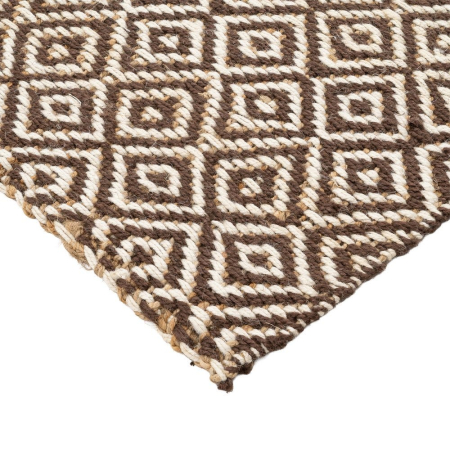 Covor din iută natural maro model geometric Altea – vedere de sus, romburi repetate, textură de iută. [1]