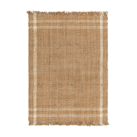 Textile - Covor din iută natural și alb Altea – vedere de sus, borduri albe, franjuri scurți.