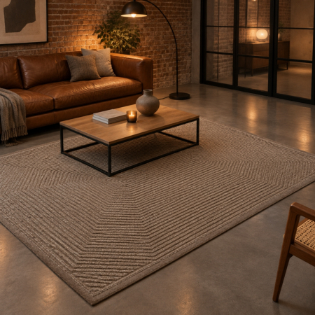 Stil de design - Covor din lână maro-taupe cu linii în relief, formând octogoane concentrice în jurul unui oval