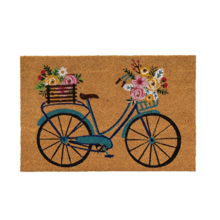 Covoare - Covoraș din fibră de cocos cu bicicletă albastră și flori