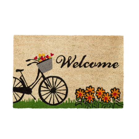 Covoare - Covoraș din fibră de cocos cu bicicletă, flori portocalii și Welcome cursiv