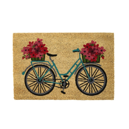 Covoare - Covoraș din fibră de cocos cu bicicletă turcoaz și flori roșii