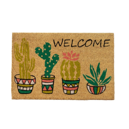 Stil de design - Covoraș din fibră de cocos cu cactuși în ghivece colorate și Welcome