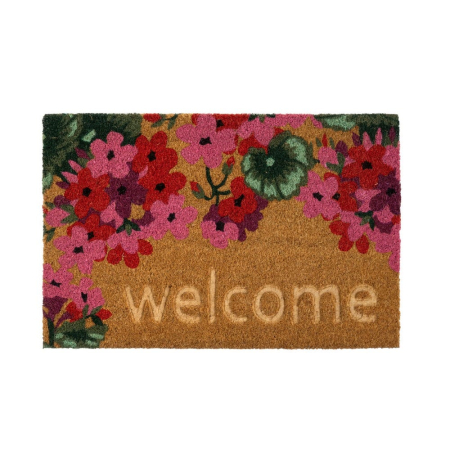 Textile in Stil Romantic - Covoraș din fibră de cocos cu flori roz și Welcome alb