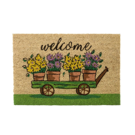 Covorase Intrare - Covoraș de intrare din fibră de cocos cu flori și mesaj Welcome