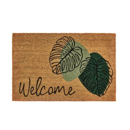 Covorase Intrare - Covoraș de intrare din fibră de cocos cu frunze verzi Welcome