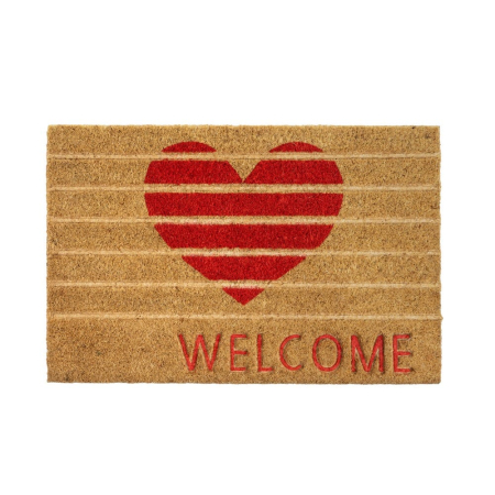 Textile in Stil Romantic - Covoraș din fibră de cocos cu inimă roșie în dungi și Welcome