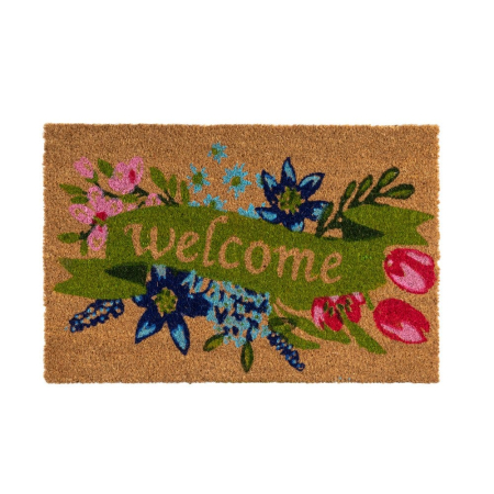 Covorase Intrare - Covoraș din fibră de cocos cu panglică verde Welcome și flori