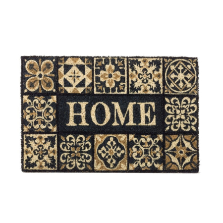 Covoare - Covoraș din fibră de cocos cu plăci decorative negre și Home alb
