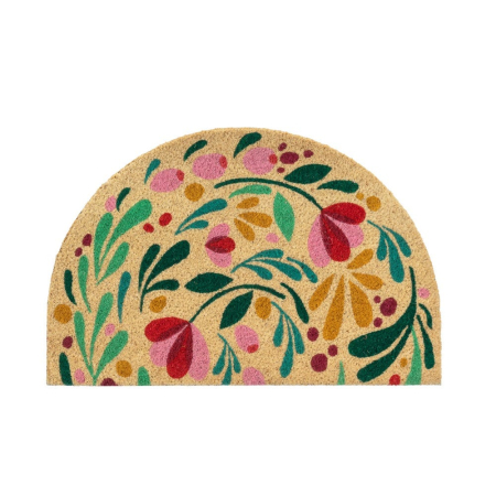 Covorase Intrare - Covoraș semicircular din fibră de cocos cu flori colorate și frunze verzi
