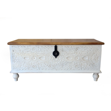 Cufere si valize decorative - Cufăr de depozitare din lemn de mango alb cu model floral