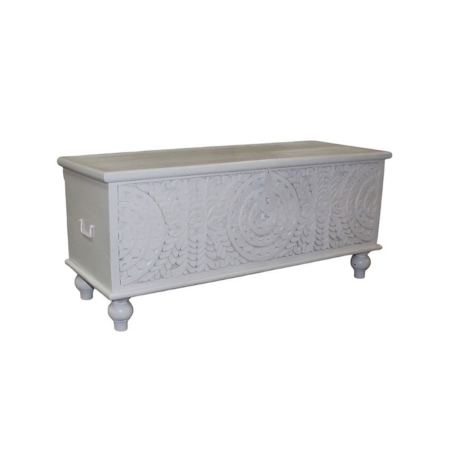 Cufere si valize decorative - Cufăr de depozitare din lemn de mango alb cu motive sculptate