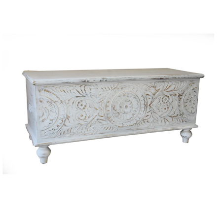 Obiecte decorative in Stil Shabby Chic - Cufăr de depozitare din lemn de mango alb cu motive florale