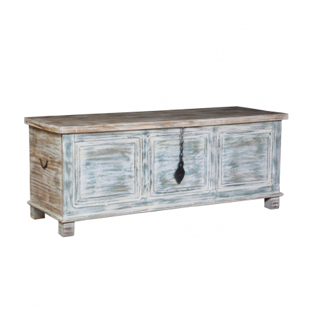 Cufere si valize decorative - Cufăr Samos lemn reciclat 137x50x53 cm, rustic cu finisaj antichizat albastru.