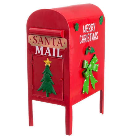 Craciun - Cutie poștală Santa Mail roșie din metal cu ușiță brad aplicat și fundă verde pentru scrisorile copiilor