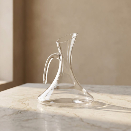 Accesorii servire - Decantor din sticlă transparentă tăiată la rece cu toartă și gură oblică pe o masă de cină
