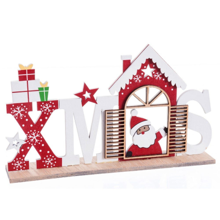 Craciun - Decor din lemn pictat cu literele XMAS în roșu și alb căsuță cu Moș Crăciun în fereastră