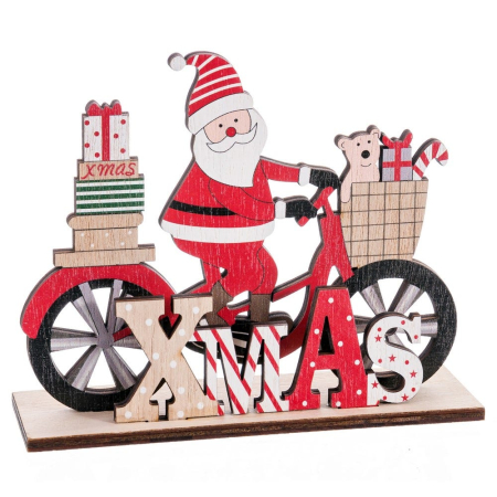 Craciun - Decor din lemn pictat cu Moș Crăciun pe bicicletă roșie cu turn de cadouri și litere XMAS