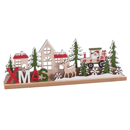 Craciun - Decor din lemn cu sat de iarnă cu căsuțe cu acoperișuri roșii brazi cerbi trenuleț și litere XMAS