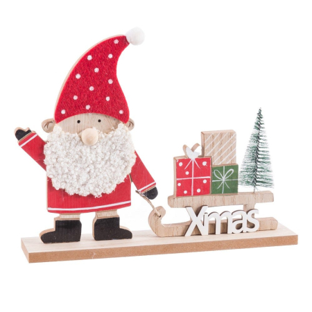 Craciun - Decor din lemn pictat cu spiriduș cu căciulă roșie cu buline sanie cu cadouri brăduț și litere XMAS