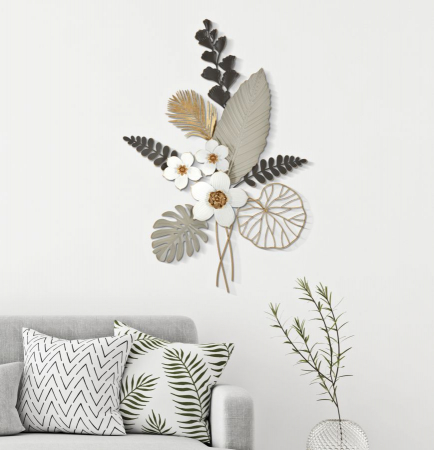 Decorațiune perete Glam cu flori albe și frunze aurii - CreativDeco [4]