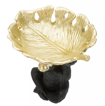 Decoratiune Monkey cu platou, rasina, negru/auriu [4]