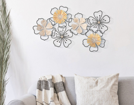 Decoratiune perete Floral, fier, MDF ratan, negru bej - creativdeco.ro [1]