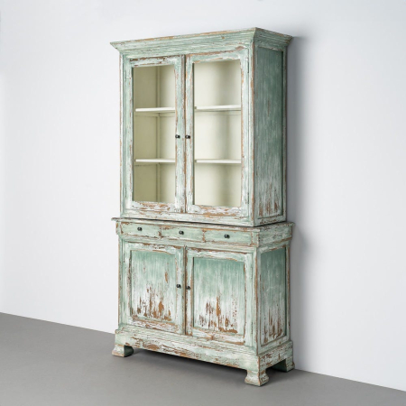 Vitrine - Dulap cu vitrină din lemn reciclat verde antichizat cu usi din sticla si sertare 120x47x218 cm