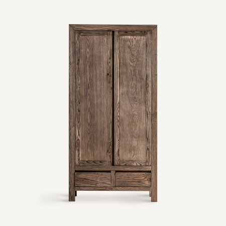 Sifoniere si Dulapuri in Stil Rustic - Dulap din lemn de ulm maro cu fibră vizibilă, uși cu panouri și două sertare jos