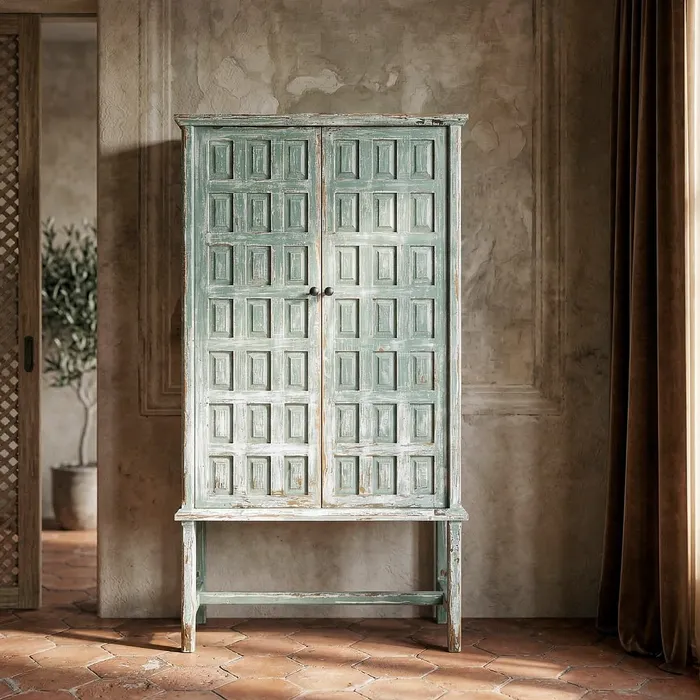 Dulap din lemn reciclat verde antichizat cu doua usi si panouri decorative in relief 96x45x181 cm